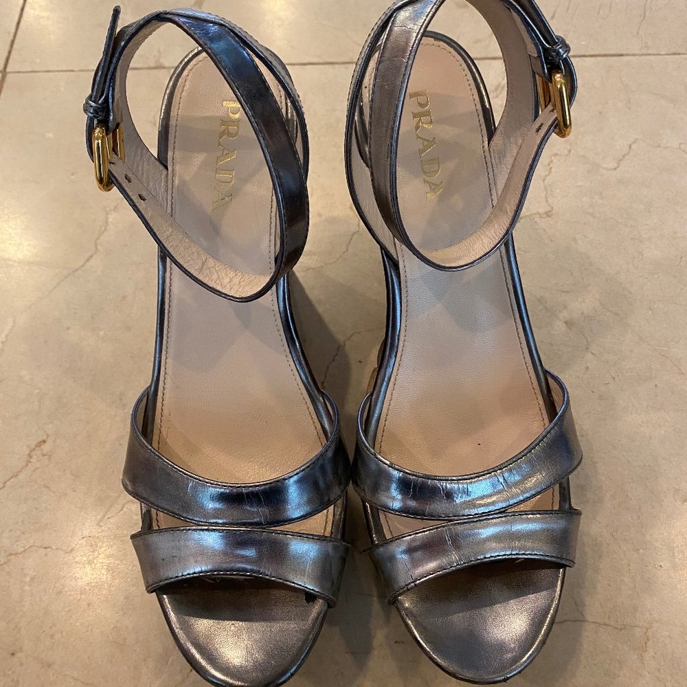 Prada Pewter and Bamboo Metallic Ankle-strap Wedge